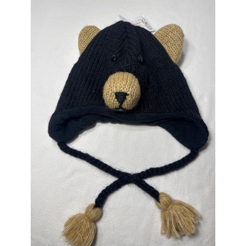 Knitwits deLux Babu the Black bear pilot hat trapper Handmade New Zealand wool S